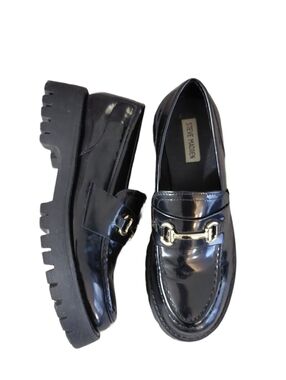 Steve Madden Chunky Platform Flats Size 10 Black Patent Lug Sole Loafers